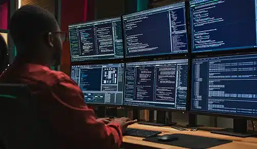 Apprentis en cybersécurité devant son poste de travail