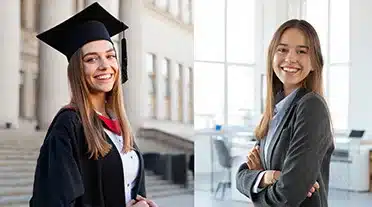 Jeune femme étudiante à gauche et professionnelle à droite grâce à l'alternance