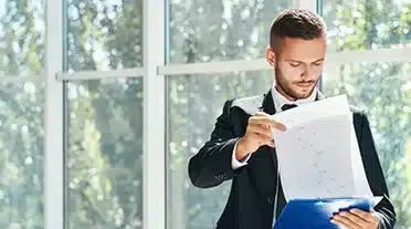 Jeune directeur regardant la liste de ses rendez-vous pour des entretiens d'embauche d'apprentis